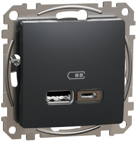 Розетка USB подвійна А+С, 2.4А, 230В, Чорний, Sedna Design SDD114402 №1