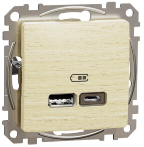 Розетка USB двойная А+С, 2.4А, 230В, Береза, Sedna Design SDD180402 №1