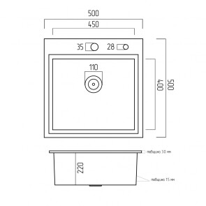 Кухонная мойка PLATINUM HANDMADE 500X500X220 (толщина 3,0/1,5 мм, корзина и дозатор в комплекте) №2
