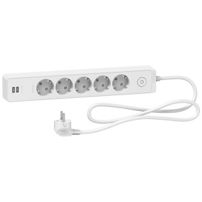 Удлинитель на 5 розеток + 2хUSB 2.4А, кабель 1,5 метра, белый, Schneider Electric ST945U1W №1