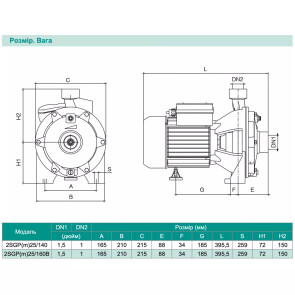 Відцентровий насос SHIMGE 2SGP(m)25/160B, 1.5кВт, Нmax=50 м, Qmax=200 л/хв №3